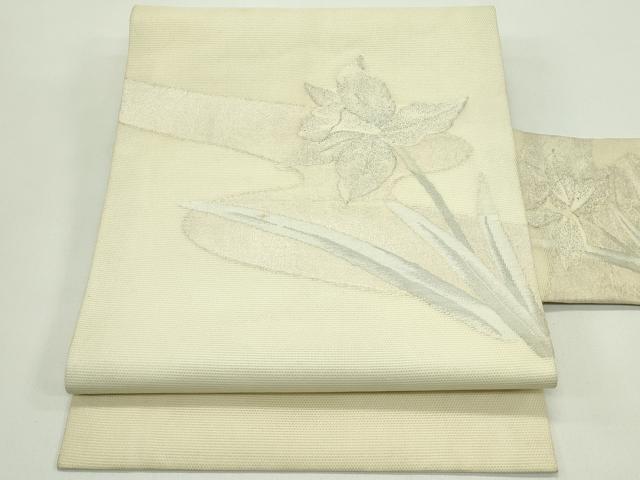 長閑やかさ屋お召しもの＊夏物 九寸名古屋帯 顕花植物文 銀糸 正絹 珠玉 CABH5688rv