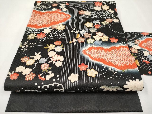 平和屋本店●極上　九寸名古屋帯　絞り　駒刺繍　雲取り流水枝花文　黒地　逸品　未使用　CYAA0717s4｜平和屋