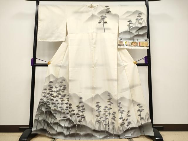 長閑やかさ屋中央局■飛び切り 夏物 短い訪問着 発祥地大島紬 夏大島 墨手描風景 松風 ひな鳥色地 藤絹織物謹製 証紙付き添い人 珠玉 未当て嵌める CYAA3637s5