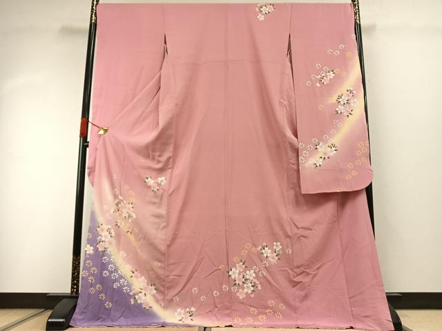長閑やかさ屋御召しもの●晴れ晴れしい振袖 舞桜文 暈し染め ロング丈 正絹 珠玉 AABI1513fy