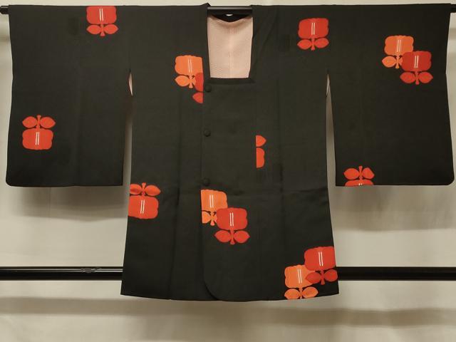 平和屋着物＃道行コート　地紋起こし　枝花文　黒地　正絹　逸品　CABF1233in｜平和屋