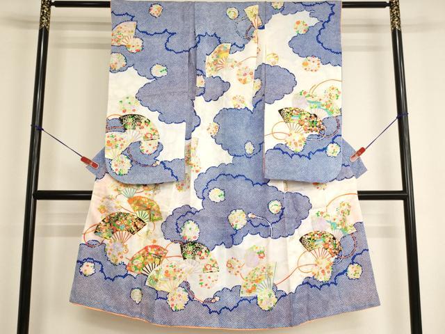 長閑やかさ屋御召しもの[]七五三 お嬢さん ７歳 祝着 四つ身 駒刺しゅう 扇子花文 金彩 洗える御召しもの AABI2760ja