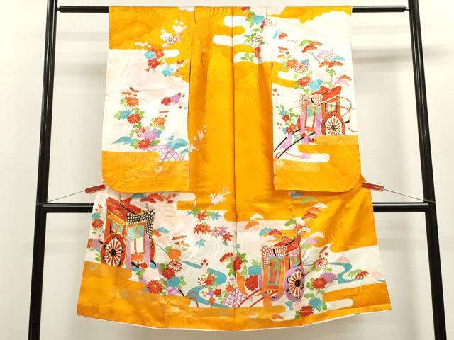 平和屋着物[]七五三　女の子　７歳　祝着　四つ身　駒刺繍　御所車草花文　金彩　洗える着物　CAAZ7173ze｜平和屋