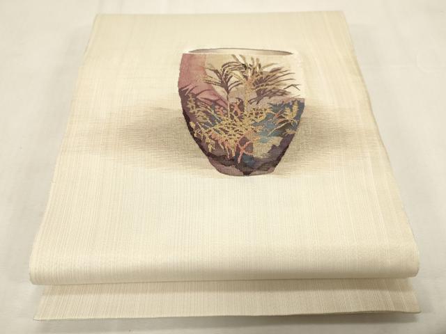 長閑やかさ屋御召しもの●膜鳴楽器柄袋帯 すくい織 瀬戸もの植物文 現ナマ糸 正絹 珠玉 CABG2846dy