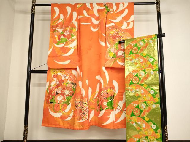 平和屋着物[]七五三　女の子　７歳　祝着　四つ身　袋帯セット　駒刺繍　檜扇花文　金彩　正絹　逸品　AABF2333ja｜平和屋