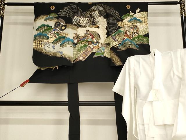 平和屋着物[]七五三　男の子　5歳　一つ身　祝着・長襦袢(袷)セット　鷹　吉祥松文　金彩　逸品　AABF2335ja｜平和屋