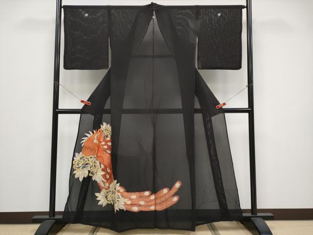 長閑やかさ屋御召しもの＊夏物 黒留袖 絽 総刺しゅう 尾長鳥 現ナマ糸 正絹 珠玉 CABG3329tx