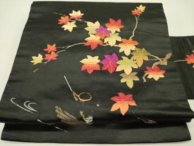 平和屋着物●アンティーク 大正ロマン 九寸名古屋帯 総手刺繍 枝楓文 黒地 金糸 正絹 逸品 DABD0271op|平和屋