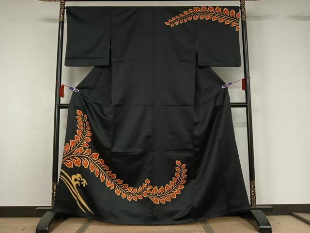 平和屋着物▽訪問着　単衣　立波花文　黒地　AABH5678jh｜平和屋