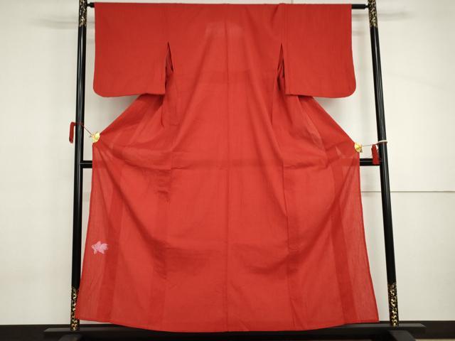 長閑やかさ屋御召しもの＊夏物 撫松庵 小紋・浴衣兼用 綿 刺しゅう 金魚 色無地 深朱色 洗える御召しもの AABI8118cs