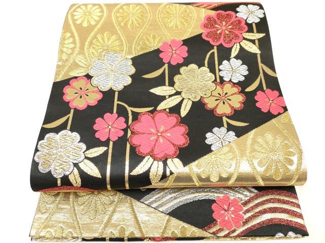 長閑やかさ屋御召しもの[]うしろ帯 赤ちゃん 全通柄袋帯 立波花文 黒地 現ナマ糸 珠玉 DABC5402ma
