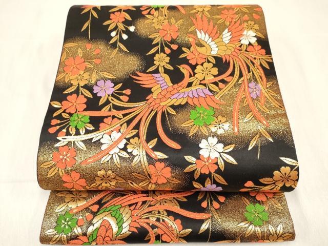 長閑やかさ屋御召しもの[]うしろ帯 赤ちゃん 全通柄袋帯 鳳凰花文 黒地 金糸 珠玉 DABC5403ma