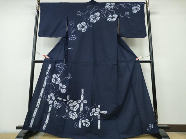 平和屋着物∴夏物 浴衣 有松鳴海絞り 訪問着 朝顔 竹垣文 濃藍色 綿 逸品 CABH1344ng|平和屋