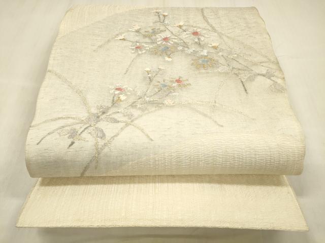 長閑やかさ屋お召しもの＊夏物 膜鳴楽器柄袋帯 取り立て綴 顕花植物文 現ナマ糸 正絹 珠玉 DABE6143糎