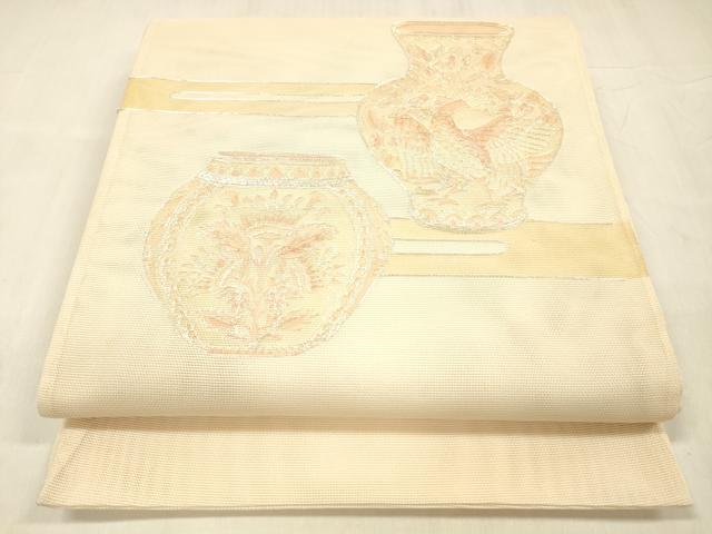 長閑やかさ屋御召しもの＊夏物 膜鳴楽器柄袋帯 駒刺しゅう 入れもの花鳥文 正絹 珠玉 DABE6049糎