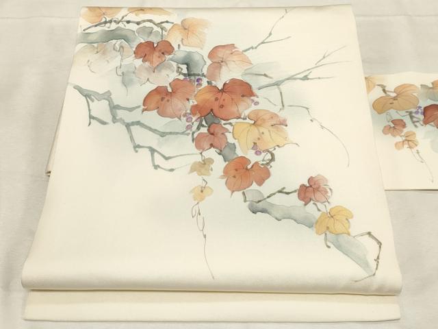 長閑やかさ屋お召しもの●塩瀬 九寸名古屋帯 文筆家物 墨付き グレープ蔦の葉文 金彩 正絹 珠玉 CABC8450dy