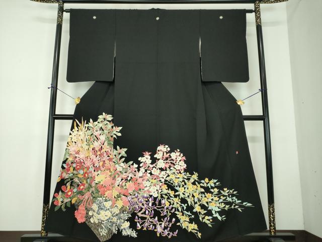 長閑やかさ屋御召しもの●本加賀友禅絵描き 矢田博 黒留袖 花籠文 正絹 珠玉 DABD1848ps