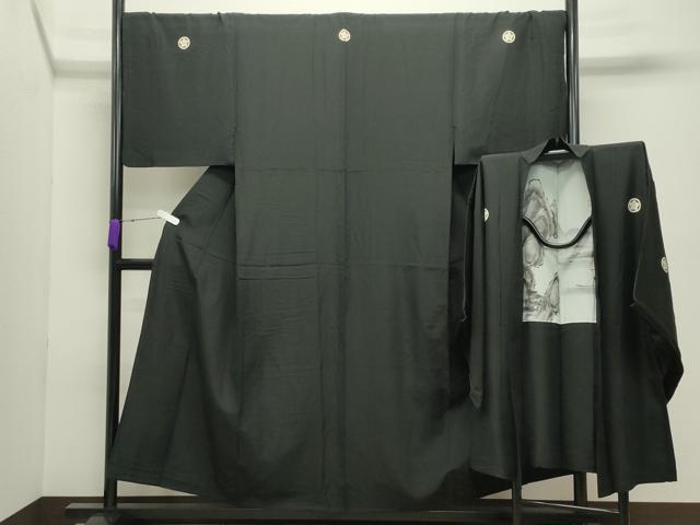 長閑やかさ屋御召しもの●成人男性 黒紋付 羽織書き割り 羽裏：見晴らし文 キングサイズ 正絹 珠玉 CABC8288gh