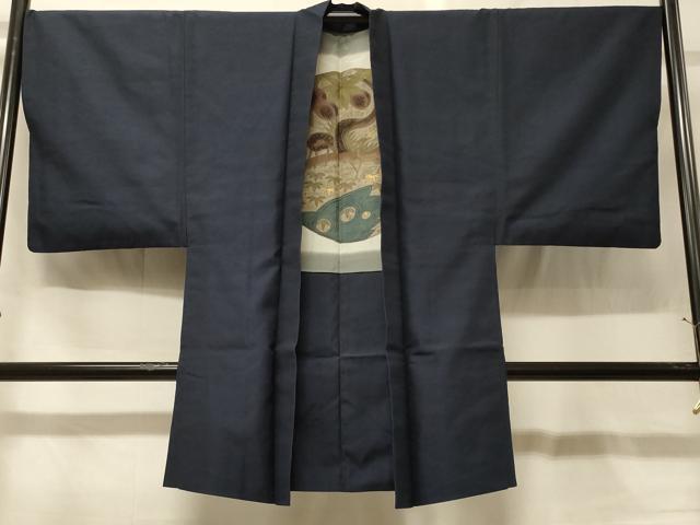 平和屋着物#男性 長羽織 紬地 藍鉄色 正絹 逸品 CABG8021in|平和屋