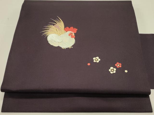 平和屋着物●九寸名古屋帯　総刺繍　鶏　ニワトリ　舞花　金銀糸　正絹　逸品　DABE1715op｜平和屋