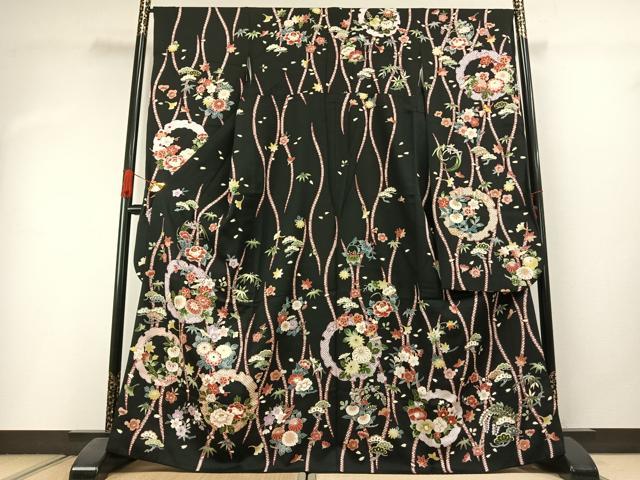 平和屋着物●豪華振袖 雪輪花文 黒地 金彩 正絹 逸品 AABI1522fy|平和屋