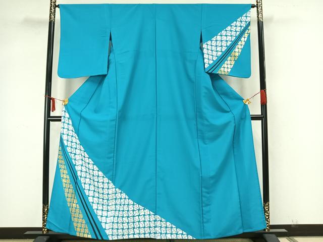 長閑やかさ屋御召しもの▽短い訪問着 単衣 幾何学学文様 金彩 洗える御召しもの AAAZ1631fy