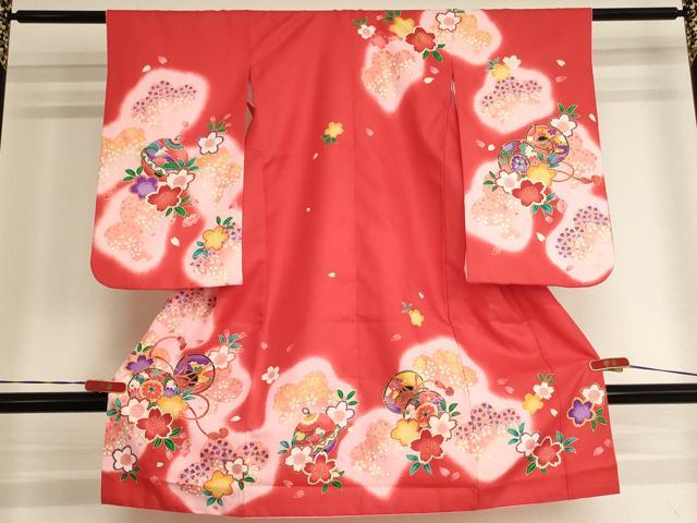 長閑やかさ屋御召しもの[]七五三 御嬢さん ３歳 祝着 参身 桜鼓文 暈し染め 金彩 AABI2744ja