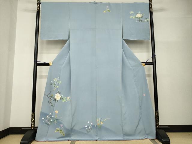 長閑やかさ屋御召しもの●短い訪問着 友禅 絵描き物 峰山 枝花文 暈し染め ロング丈 正絹 珠玉 AABH9997ck
