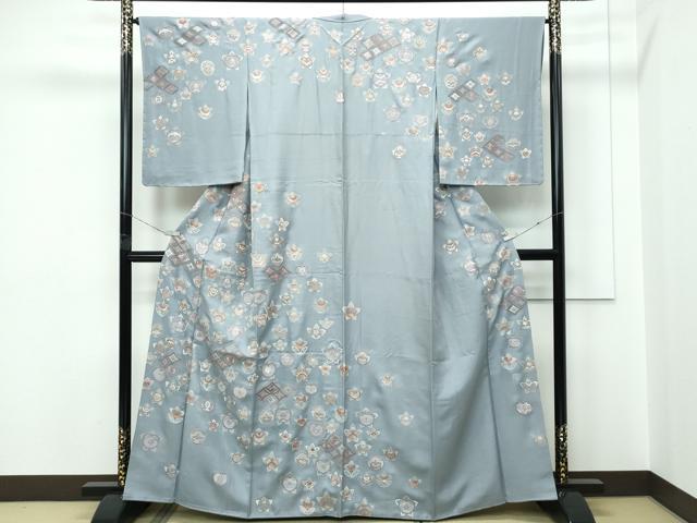 長閑やかさ屋御召しもの●飛び切り 短い訪問着 総刺しゅう 蘇州刺しゅう 中国三大刺しゅう 相良刺しゅう 橘 七宝花文 銀糸 豆がら赤銅色地 珠玉 未当て嵌める CZAA5539s6