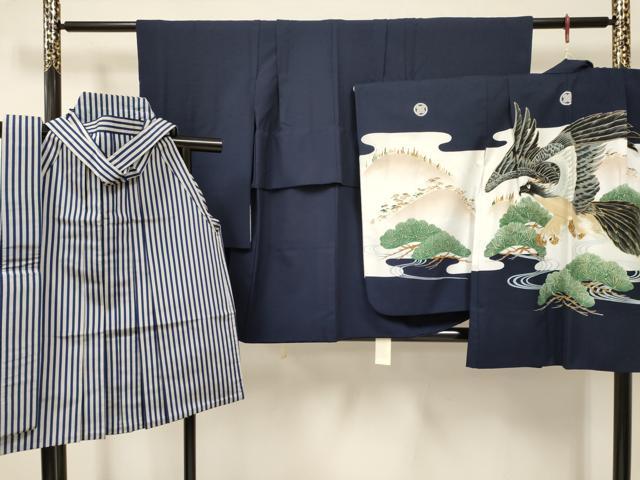 長閑やかさ屋御召しもの[]七五三 御坊っちゃん 祝着・羽織・行灯袴・帯仕掛ける 鷹 鷲 松文 金彩 洗える御召しもの DAAY3354ma