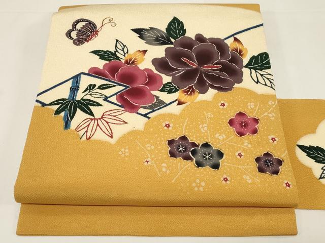 長閑やかさ屋御召しもの●九寸名古屋帯 紅型 花蝶文 鬼しぼクレープ 正絹 珠玉 CABD4367dy