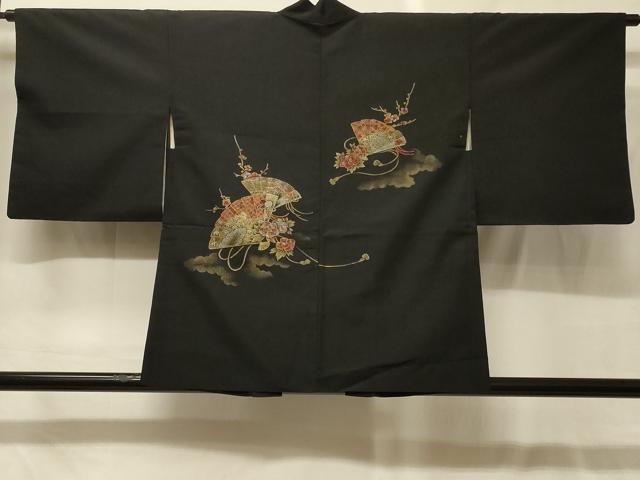 長閑やかさ屋御召しもの＃羽織 寿光織 雲取り扇子花文 黒地 現ナマ糸 正絹 珠玉 CABG8036インチ