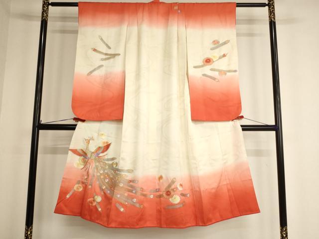 平和屋着物[]七五三　女の子　７歳　祝着　四つ身　オンワード　総刺繍　孔雀花文　暈し染め　金銀糸　正絹　逸品　AABF2341ja｜平和屋