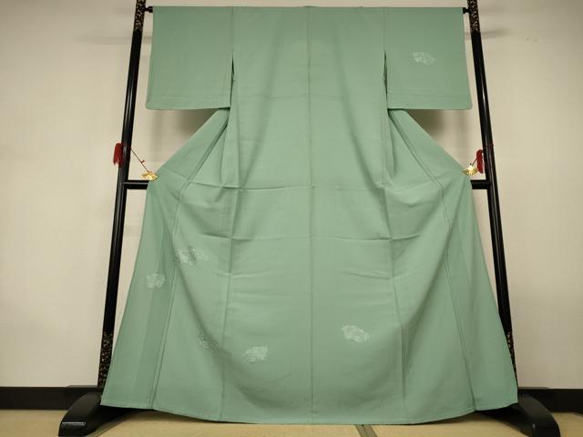 長閑やかさ屋御召しもの＊夏物 無地絵羽短い訪問着 絽 刺しゅう 西洋紙被子植物文 薄萌葱色 正絹 珠玉 AABG9208jd