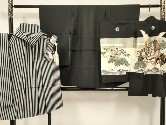 長閑やかさ屋御召しもの[]七五三 御坊っちゃん 祝着・羽織・行灯袴・小物仕掛ける 龍 兜 立波松文 金彩 洗える御召しもの DAAY3355ma