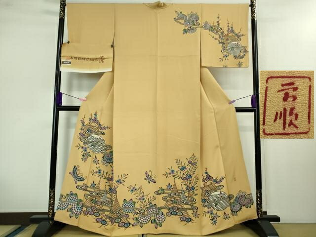 平和屋本店●最高級　城間栄順　本場琉球紅型　訪問着　舞蝶花文　飴色地　反端付き　逸品　DZAB0754kh5｜平和屋