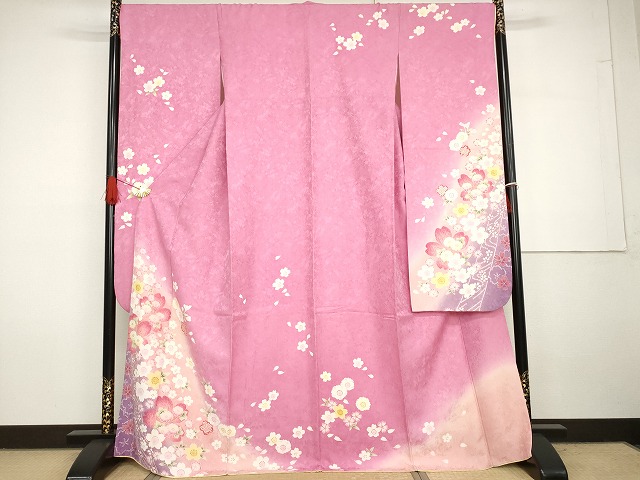 長閑やかさ屋御召しもの●晴れ晴れしい振袖 舞花文 暈し染め 金彩 正絹 珠玉 AABG7938cs