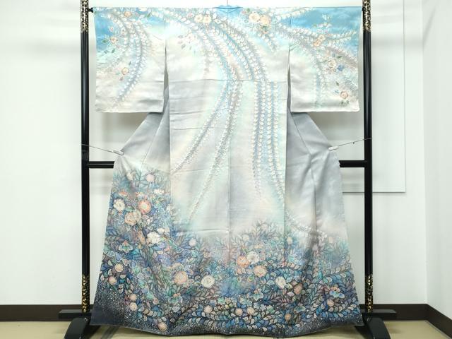 長閑やかさ屋御召しもの●飛び切り 越後十日町の第一級染匠 桐屋・翠山細工場 短い訪問着 辻が花 絞り 暈し染め 銀通し地 珠玉 CZAA5550s6