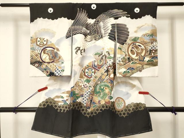 平和屋着物[]お宮参り　男の子　祝着　産着　初着　のしめ　鷹　鷲　龍　扇面笹松文　金彩　逸品　未使用　DAAY3359ma｜平和屋