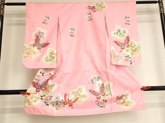 長閑やかさ屋御召しもの[]七五三 御嬢さん ３歳 祝着 参身 花蝶文 暈し染め 金彩 AABI2750ja