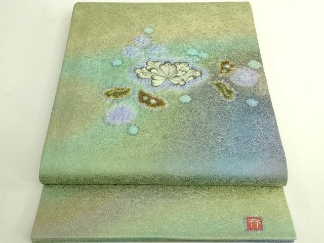 長閑やかさ屋中央局●御前上等 久保田一竹 幻の辻が花 膜鳴楽器柄袋帯 舞花文 銀通し地 珠玉 DZAB6857kh6