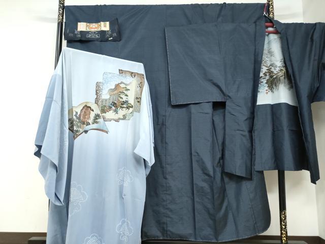 長閑やかさ屋御召しもの●成人男性 発祥地大島紬 合奏団 長羽織 長襦袢（袷）書き割り 抽象化文様 証紙付き添い人 上村バス発着場謹製 正絹 珠玉 未当てはめる DABC2504ud