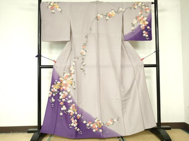 長閑やかさ屋御召しもの▽短い訪問着 単衣 西洋紙桜文 暈し染め 金彩 洗える御召しもの DABE1517op