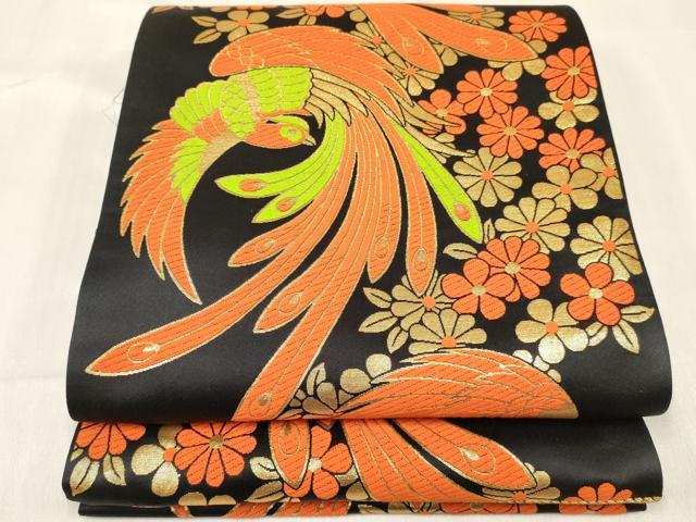 長閑やかさ屋御召しもの[]うしろ帯 赤ちゃん 全通柄袋帯 鳳凰花文 黒地 金糸 珠玉 DABC5405ma