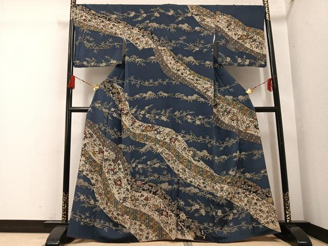長閑やかさ屋御召しもの●短い訪問着 紅型 花鳥文 鬼しぼクレープ 正絹 珠玉 AABG4885ph