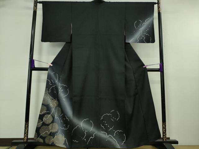 長閑やかさ屋御召しもの●飛び切り 結城紬 短い訪問着 雪輪重ね 暈し染め 黒地 金彩 珠玉 DZAB6586kh6