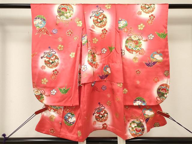 長閑やかさ屋御召しもの[]七五三 御嬢さん ３歳 祝着 参身 折り鶴 鈴花文 暈し染め 金彩 珠玉 DABE7223ma