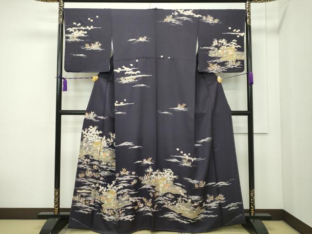 長閑やかさ屋中央局■御膳上等 染匠 久保耕 短い訪問着 駒刺しゅう 見晴らし文 金彩 黒紅色地 証紙付き添い人 珠玉 未当て嵌める CZAA1726s5 和服-レディースファッション-着物
