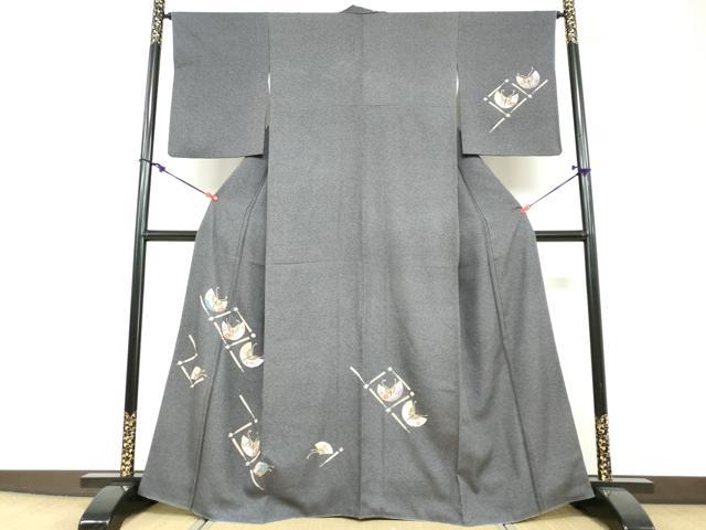 長閑やかさ屋御召しもの●短い訪問着 駒刺しゅう 扇子被子植物文 金彩 正絹 珠玉 DABF1207ud
