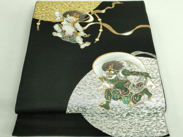 長閑やかさ屋中央局●御前上等 膜鳴楽器柄袋帯 螺鈿 竹珠庵 風神・雷神 黒地 現ナマ糸 珠玉 DZAB2665kh6